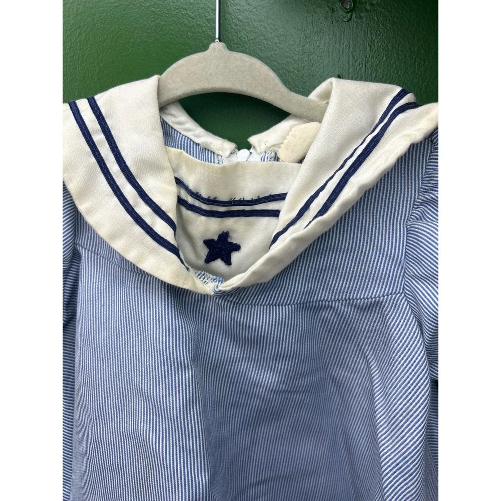 Vintage Toddle Time JCPenney Blue White Pinstripe Sailor Dress Star Size 1
